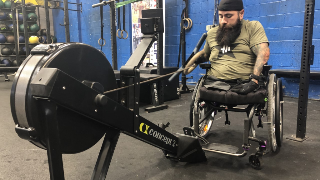 Veteran on rowing machine 