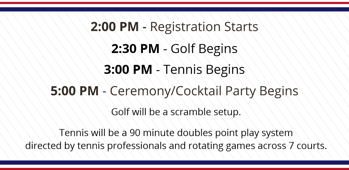 2pm Registration starts. 3pm Play Begins. 5pm ceremony / cocktail party begins.